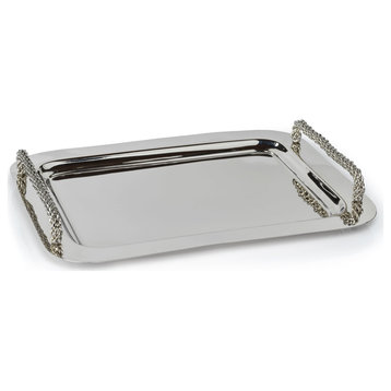 Rectangular Metal Serving Tray With Woven Handles