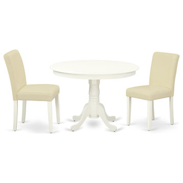 3-Piece Round 42" Kitchen Table, 2 Parson Chair-White Leg, White