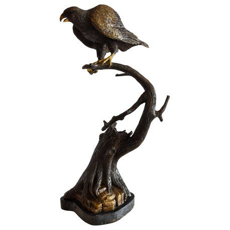 Observant Hawk on Arched Branch Bronze Statue 17" x 19" x 32"H