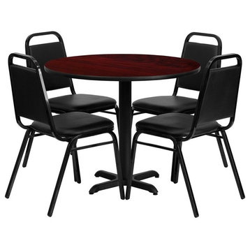 36'' Round Mahogany Laminate Table, 4 Black Trapezoidal Back Banquet Chairs