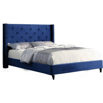 Best Master Furniture Valentina Velvet Wingback California King Bed in Blue
