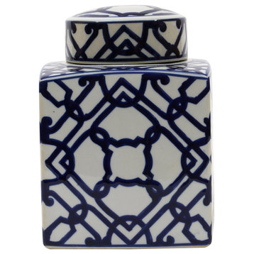 Blue and White Ceramic Ginger Jar With Lid