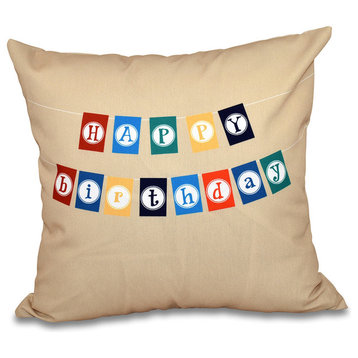 Happy Birthday, Word Print Outdoor Pillow, Taupe, 18"x18"