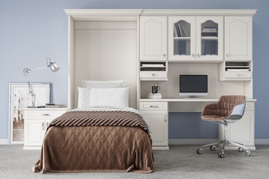 Inspiration for a mid-sized transitional guest carpeted and gray floor bedroom remodel with blue walls