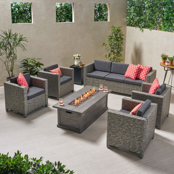 Simona Outdoor 7 Seater Wicker Set With Fire Pit, Mix Black/Dark Gray/Gray