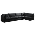 Meridian Furniture - Jacob Velvet Upholstered 5-Piece L-Shaped Modular Sectional, Black - Create the ideal seating arrangement for your space when you pick and choose the elements you like mostincluding this Jacob velvet modular sectional. Mix and match items in the Jacob collection to bring your living space or family room together with a personalized slant. Soft black velvet upholstery is soft and welcoming to the touch, adding a luxurious feel to everyday seating. Deep channel tufting adds to the piece's durability, and latches underneath the unit make it easy to attach to other pieces in the collection.