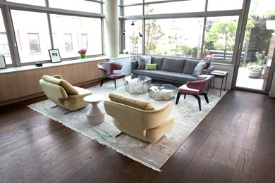 Inspiration for a large modern open concept and formal dark wood floor living room remodel in New York with white walls, no fireplace and no tv