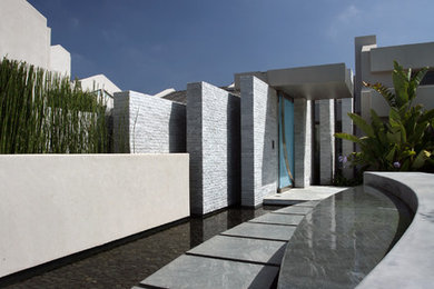 Inspiration for a large contemporary entryway remodel in Los Angeles with gray walls and a glass front door