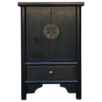Oriental Style End Table Nightstand with a Distressed Black Surface Hcs7382