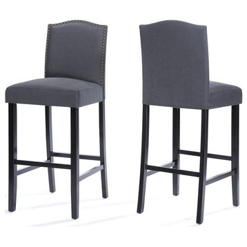 Flora Contemporary Upholstered Barstools with Nailhead Trim (Set of 2), Dark Charcoal/Walnut, Fabric