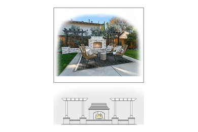 Example of a mid-sized country backyard patio design in Orange County with a fireplace and a pergola