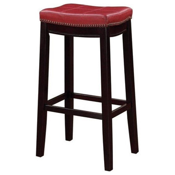 Linon Claridge Backless Bar Stool Red Faux Leather Wood Frame in Dark Brown