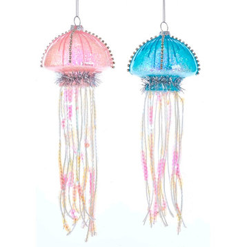 Kurt Adler Pink and Blue Jellyfish  Holiday Ornaments Glass Set of 2