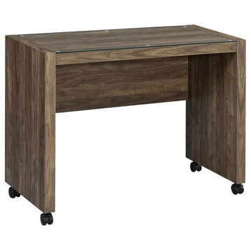 Modern Desk, Wooden Frame With Wheels & Tempered Glass, Aged Walnut Finish