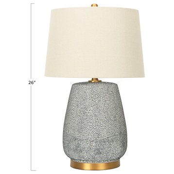 Textured Blue Glaze Ceramic Table Lamp With Natural Linen Shade, Large
