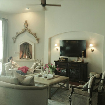 A cozy spot in the great room by the fireplace