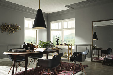 This is an example of a mid-sized scandinavian dining room in Other with grey walls and light hardwood floors.