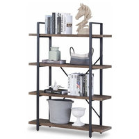 Industrial Bookcase, MDF and Steel Metal, 4 Open Shelves Free Standing