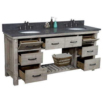 72" Rustic Solid Fir Double Sink Vanity With Limestone Top, Oval Sink
