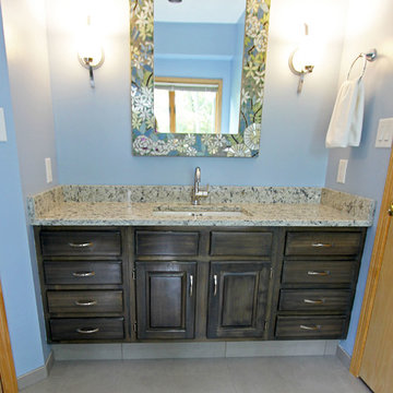 Master Bathroom with Free Standing Tub, Quartz Countertop and Grey Tiled Shower