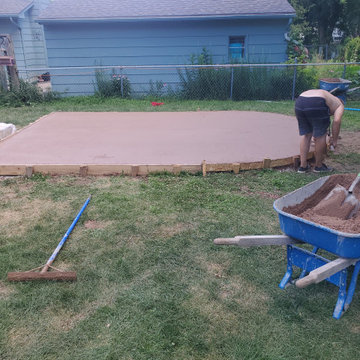 Stamped concrete, cedar deck