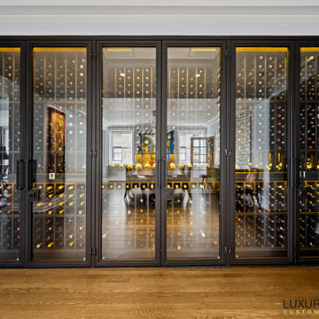 Modern Glass-Enclosed Wine Wall with Custom Wood Racks – Chicago