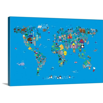 Animal Map of the World for children, Blue Wrapped Canvas Art Print, 36"x24