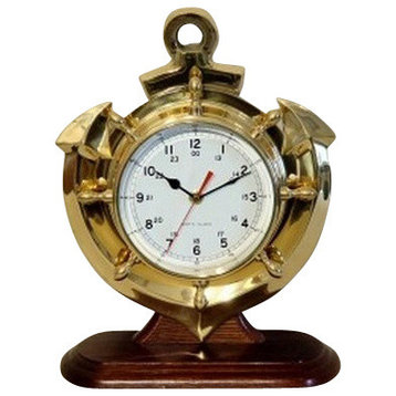 Brass Anchor  and Ship Wheel Clock With Base
