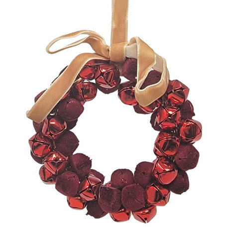 Red Jingle Bell Wreath Ornament Large 4 in Metal Velvet Vintage Antique Style