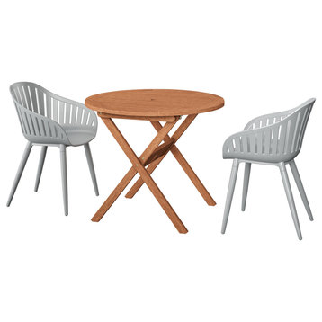 Amazonia Ricard Eucalyptus 3 Piece Outdoor Round Dining Set With Gray Chairs