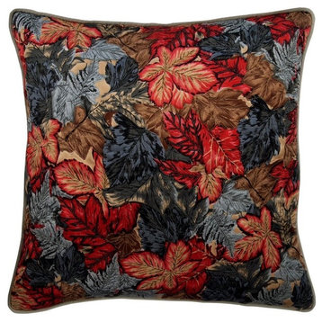 Maple Leaf Embroidery Red & Grey Printed Satin 18"x18" Pillow Cover, Maple Days