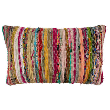Chindi Throw Pillow With Multi-Colored Design, Multi, 14"x23", Down Filled