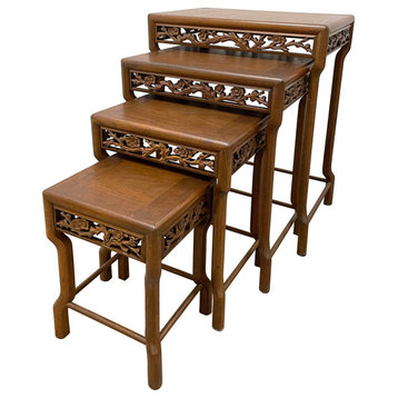 Consigned Early 20th Century Chinese Carved Teak Wood Nesting Table Set