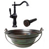 15" Round Copper Vessel Bucket Bath Sink Green Exterior, ORB Faucet & Drain
