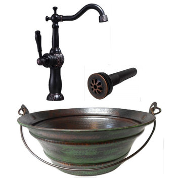 15" Round Copper Vessel Bucket Bath Sink Green Exterior, ORB Faucet & Drain