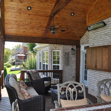 Custom open gable porch with tongue and groove ceiling and cedar posts