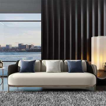 $1049.99 Modern Mid-Century Upholstered Sofa White & Gray Linen Brushed Rose Gol