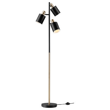 Novogratz x Globe 67" 3-Light Matte Black Track Tree Lamp, Matte Brass Accents