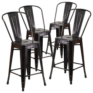 Metal Counter Stools With Back, Black-Antique Gold, 24" High, Set of 4