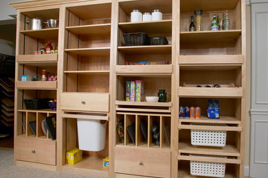 Large transitional carpeted and brown floor kitchen pantry photo in Chicago with flat-panel cabinets and light wood cabinets