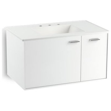 Jute Wall-Hung Vanity Cabinet With 1 Door, 1 Drawer on Right, Linen White, 36"