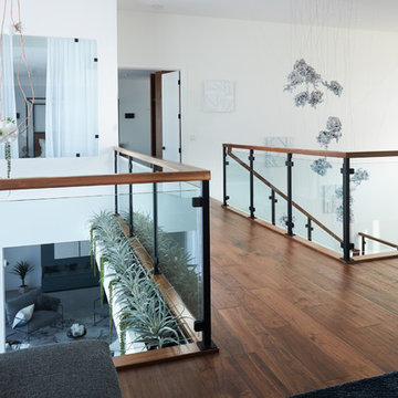 Steel and Concrete Mono Stringer with Clamped Glass Railing System