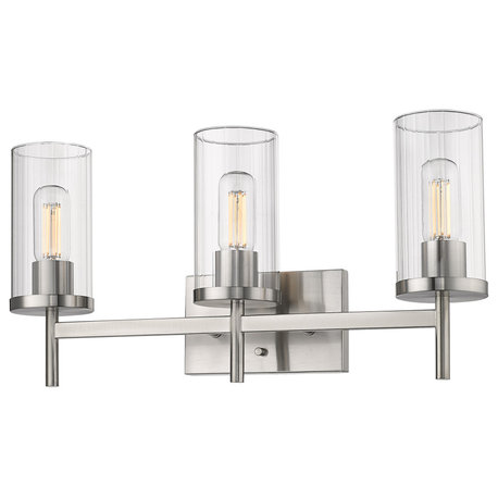 Winslett 3 Light Bath Vanity, Pewter With Ribbed Clear Glass