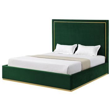 Inspired Home Marceline Bed Upholstered, Hunter Green Velvet Queen