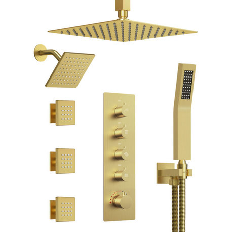 Dual Shower Heads 16" Thermostatic Shower System With Body Jets, Brushed Gold