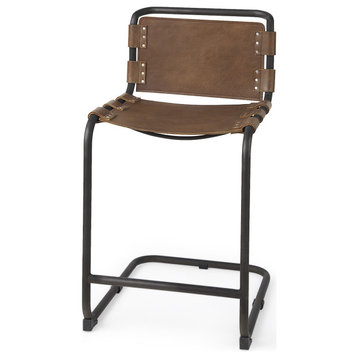 Light Brown Leather Iron Framed Counter Stool