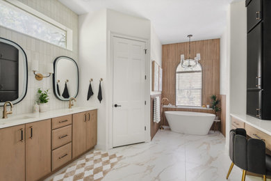 Trendy white tile white floor and double-sink bathroom photo in Orlando with flat-panel cabinets, medium tone wood cabinets, white walls, an undermount sink, quartz countertops and white countertops
