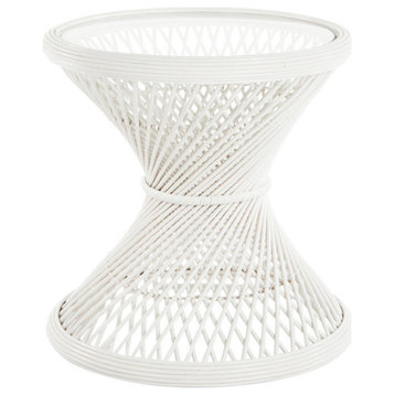 Peacock Rattan Side Table With Glass Top, White