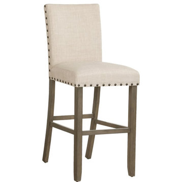 Pemberly Row Upholstered Bar Stool with Nailhead Trim in Beige