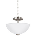 Generation Lighting Collection - Oslo 2-Light Semi-Flush Convertible Pendant, Brushed Nickel - The Oslo lighting collection by Sea Gull Lighting is a sleek design, with smooth and clean lines. The Opal Etched glass adds to this collection's contemporary and minimalist character. Offered in Chrome, Brushed Nickel, Burnt Sienna and textured Blacksmith finishes, the collection includes nine-, five-, and three-light chandeliers, pendants in four sizes, both flush and semi-flush ceiling fixtures, as well as one-, two-, three- and four-light wall/bath fixtures. Both incandescent lamping and ENERGY STAR-qualified LED lamping are available. All fixtures are California Title 24 compliant.